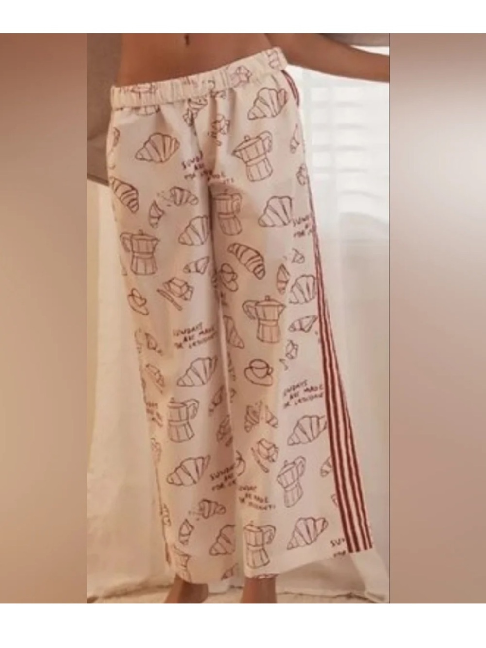 Anthropologie Cream Wide-Leg Lounge Pants with Red Sketch Print
